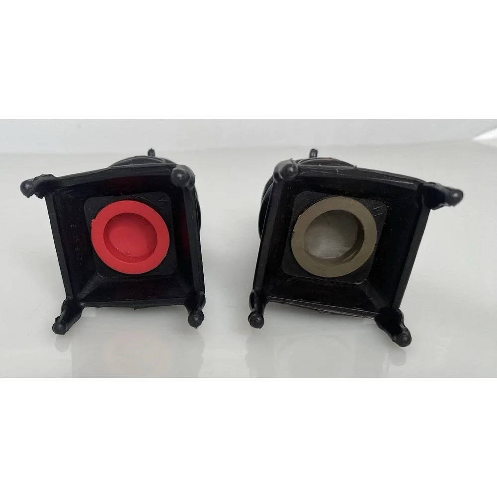 Vintage Pot Belly Stove Salt & Pepper Shakers Black Plastic with Stoppers